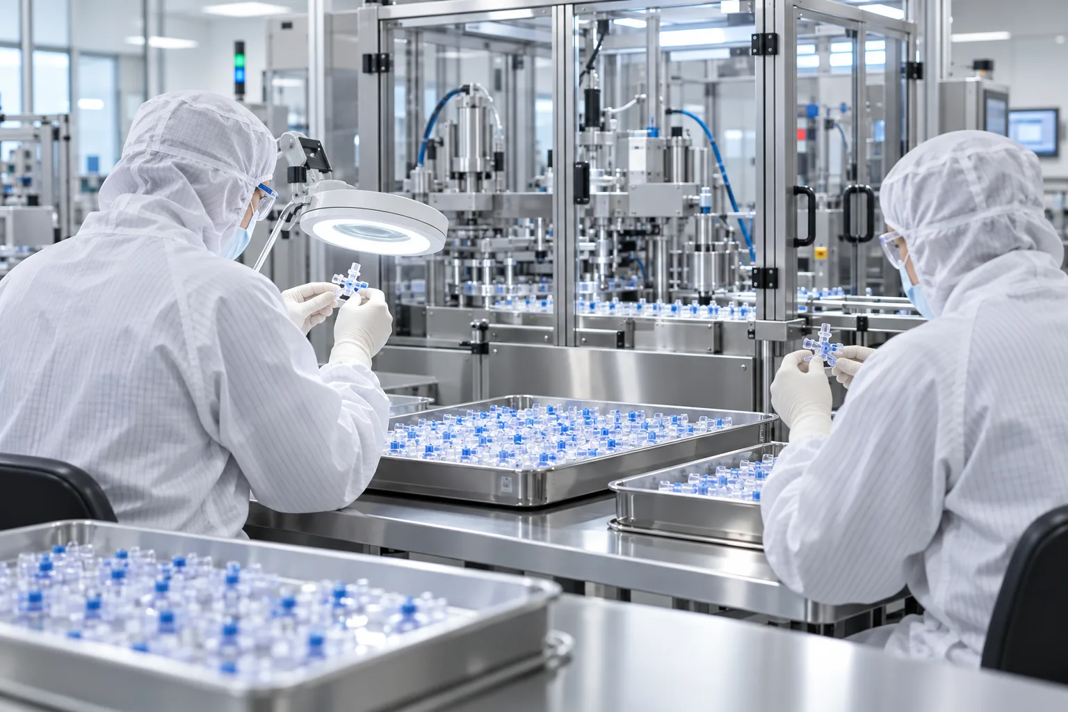 Medical-device production and quality inspection in a cleanroom – AI-generated illustrative image