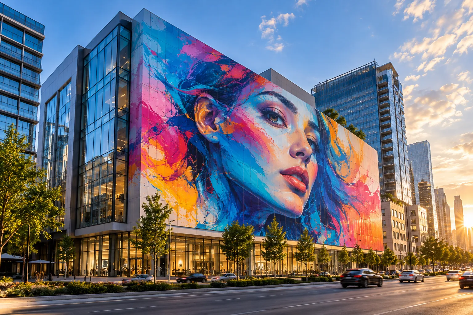 Large-format advertising print on a modern building facade – AI-generated