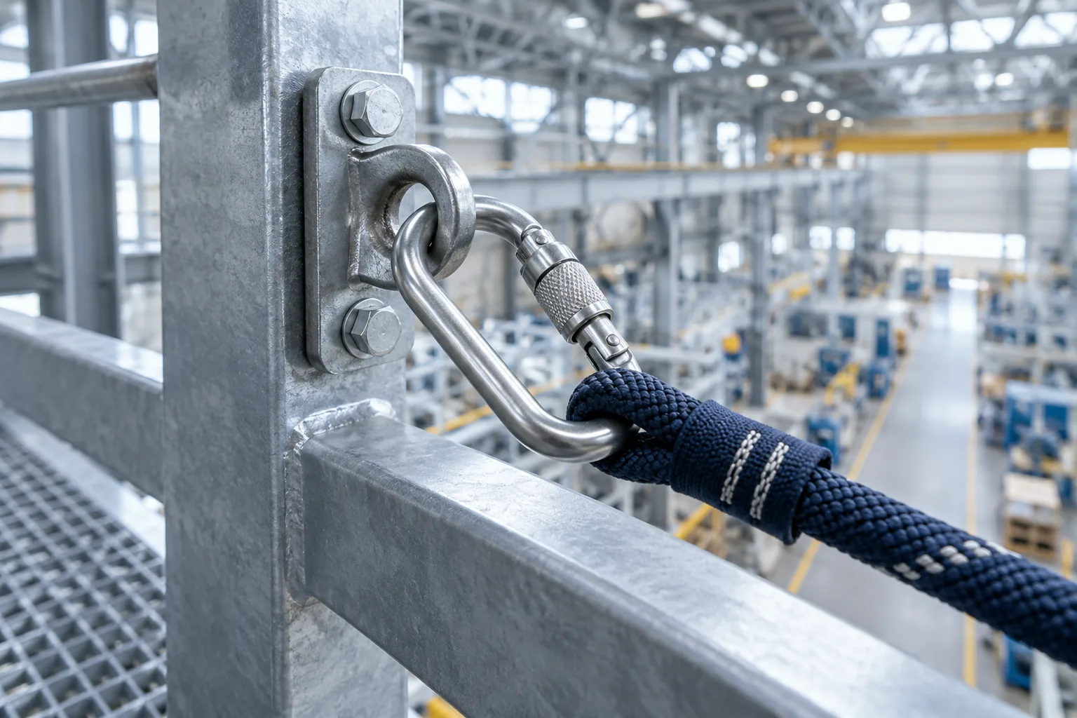 Safety carabiner and rope in a manufacturing hall – AI-generated